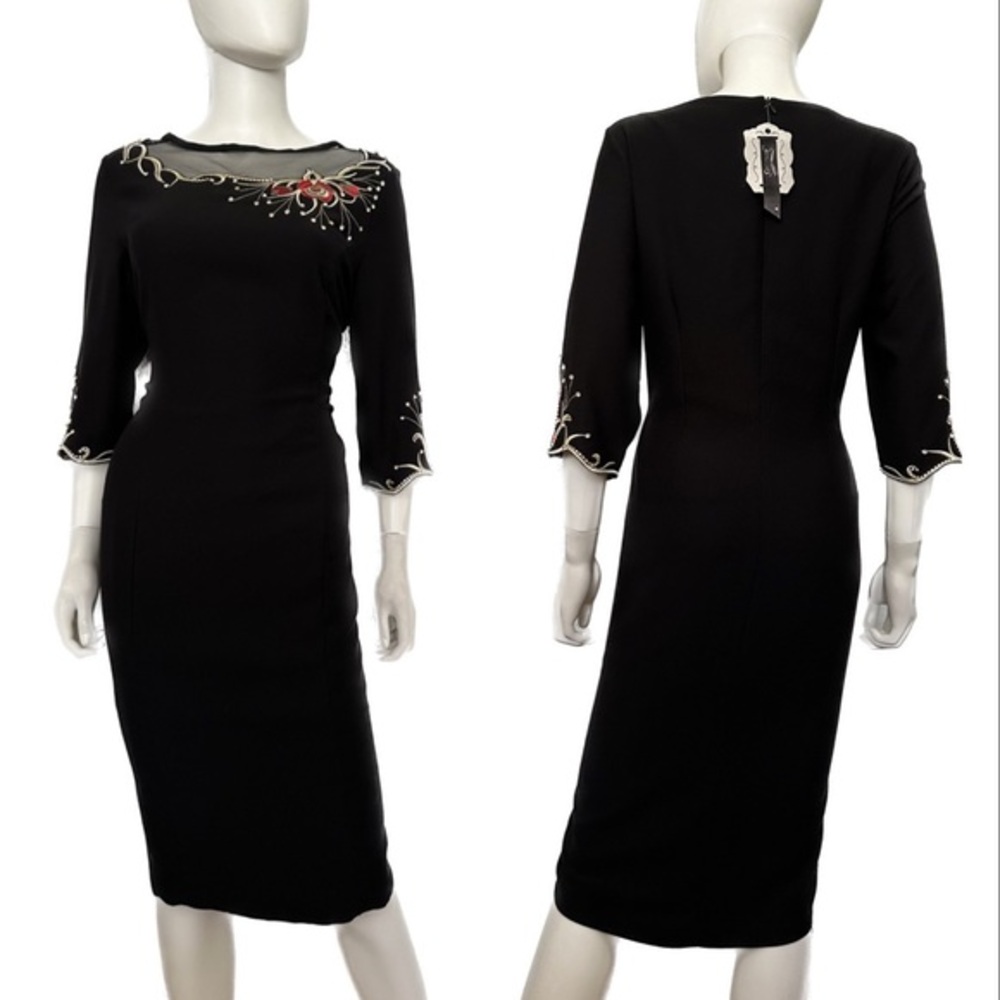 NWT WOMEN PLUS SIZE DRESS‎ FORMAL 3/4 SLEEVES SHEER NECK EMBROIDERED LINED BLACK
